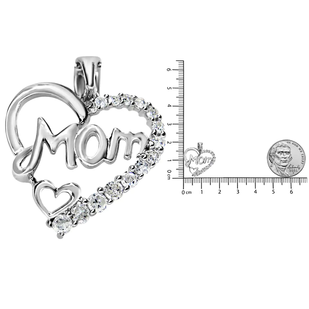 925 Sterling Silver 1/4 Cttw Diamond "Mom" Heart Pendant 18" Necklace (I-J Color, I3 Clarity)