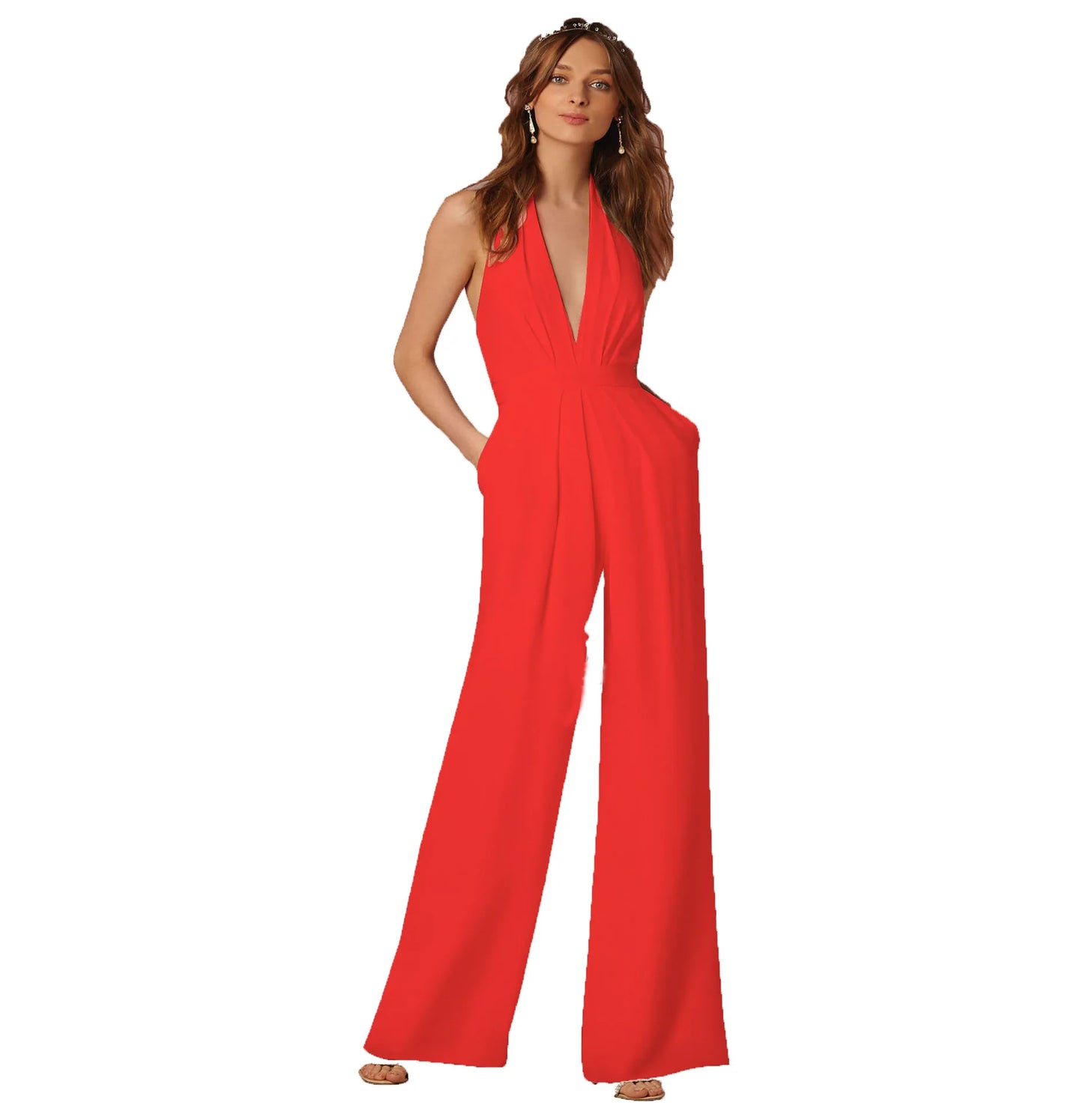 Women Deep V-neck Sleeveless Halter Wide Leg Jumpsuit