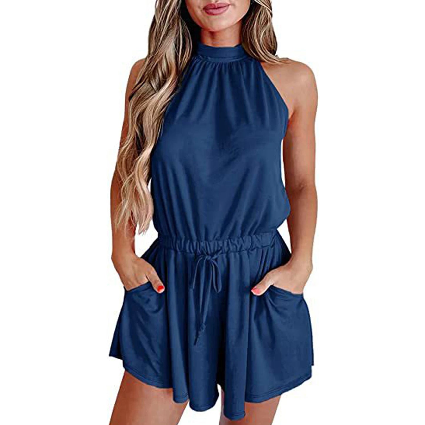 Women's Summer Halter Neck Elastic Waist Solid Color Shorts Jumpsuit Rompers with Pockets