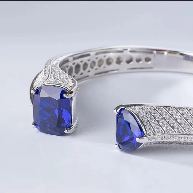 925 Sterling Silver Cuff Bangle Double Sapphire