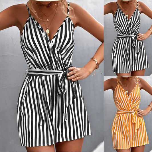 Sleeveless Summer Jumpsuit For Women Casual Stripe Woman Jumpsuit Loose V-Neck Summer Romper Shorts Beach Playsuit Female Outfit