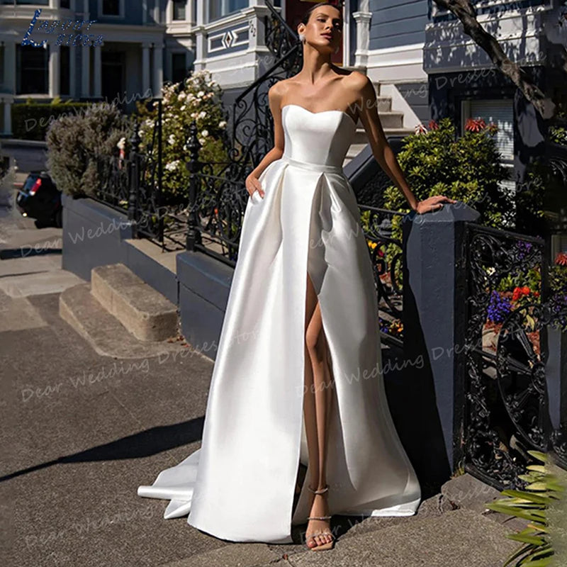 Satin Strapless Sleeveless A Line Bridal Gown