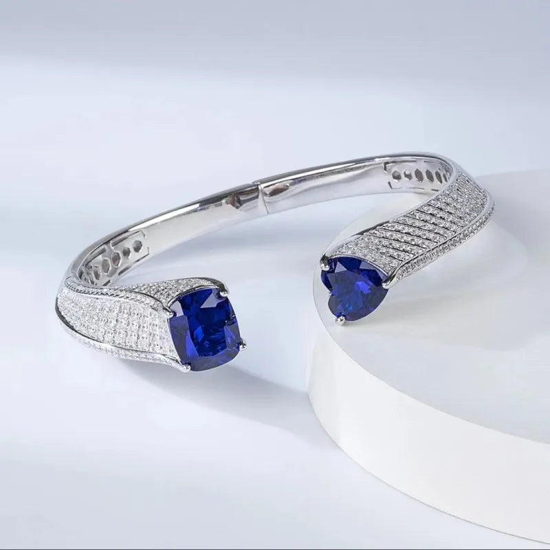 925 Sterling Silver Cuff Bangle Double Sapphire