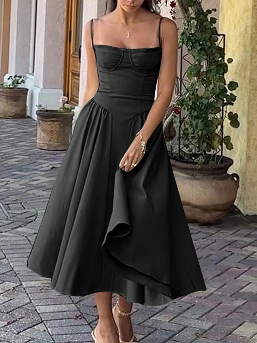 Wrapped Chest A-line Dress Women Solid Square Neck Spaghetti Strap Envy NYC Wrapped Chest A-line Dress Women Solid Square Neck Spaghetti Strap Envy NYC