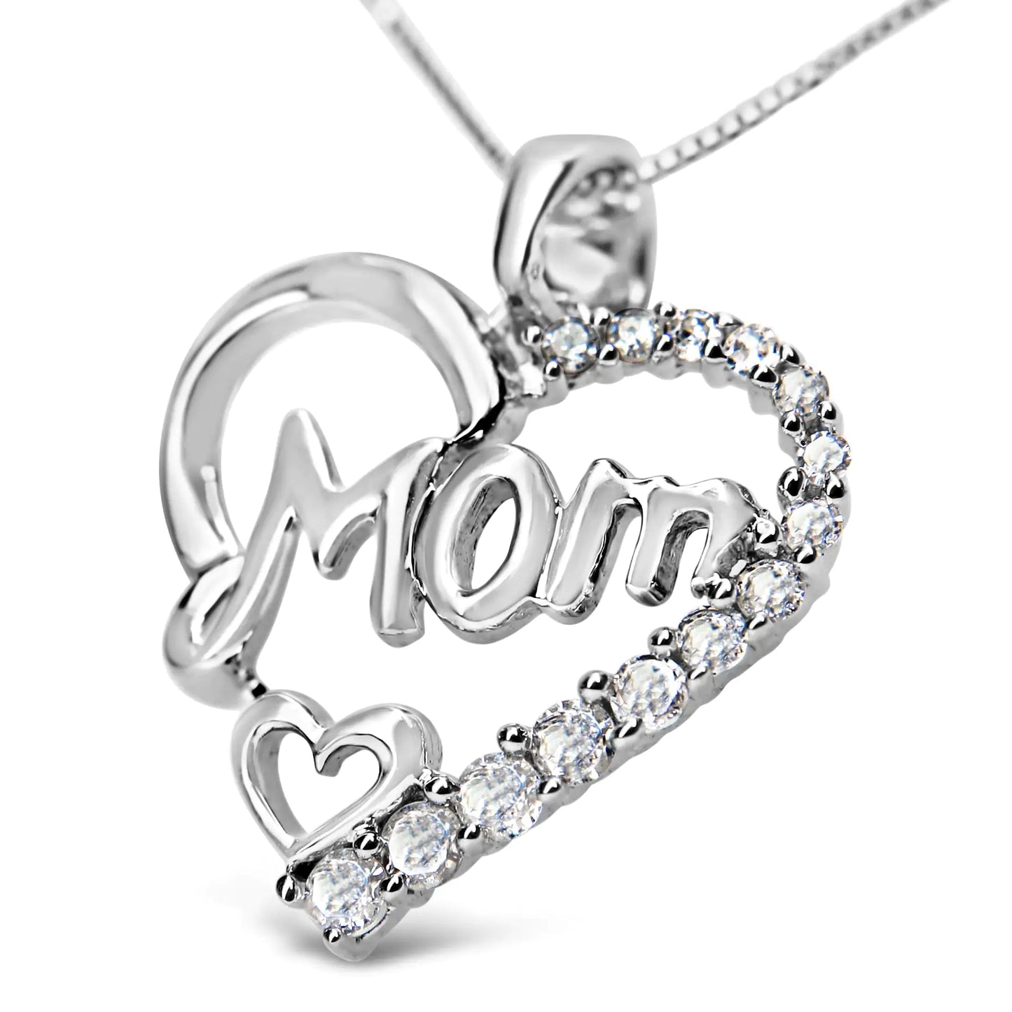 925 Sterling Silver 1/4 Cttw Diamond "Mom" Heart Pendant 18" Necklace (I-J Color, I3 Clarity)