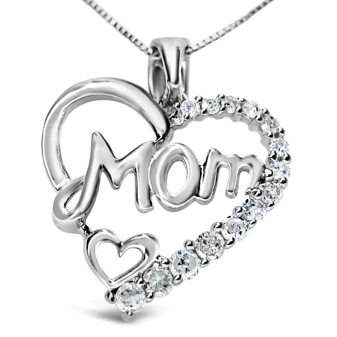 925 Sterling Silver 1/4 Cttw Diamond "Mom" Heart Pendant 18" Necklace (I-J Color, I3 Clarity)