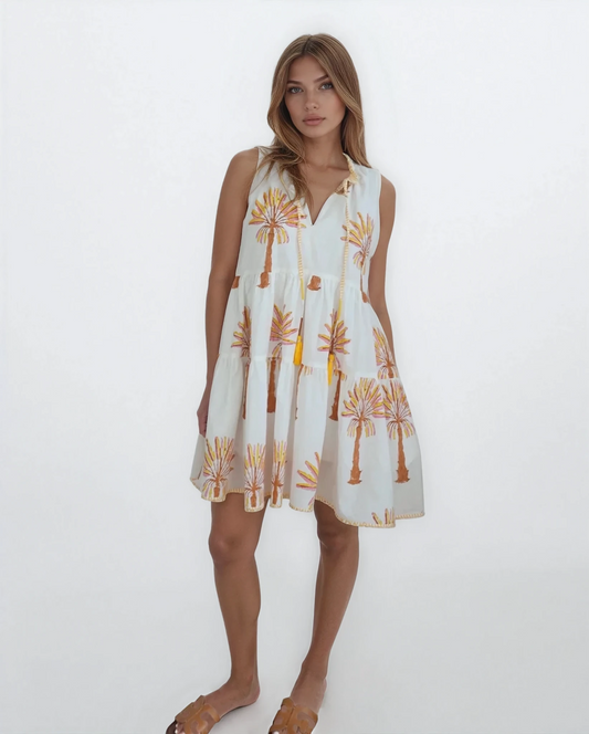 Molly Mini Dress - Yellow/Pink Palms