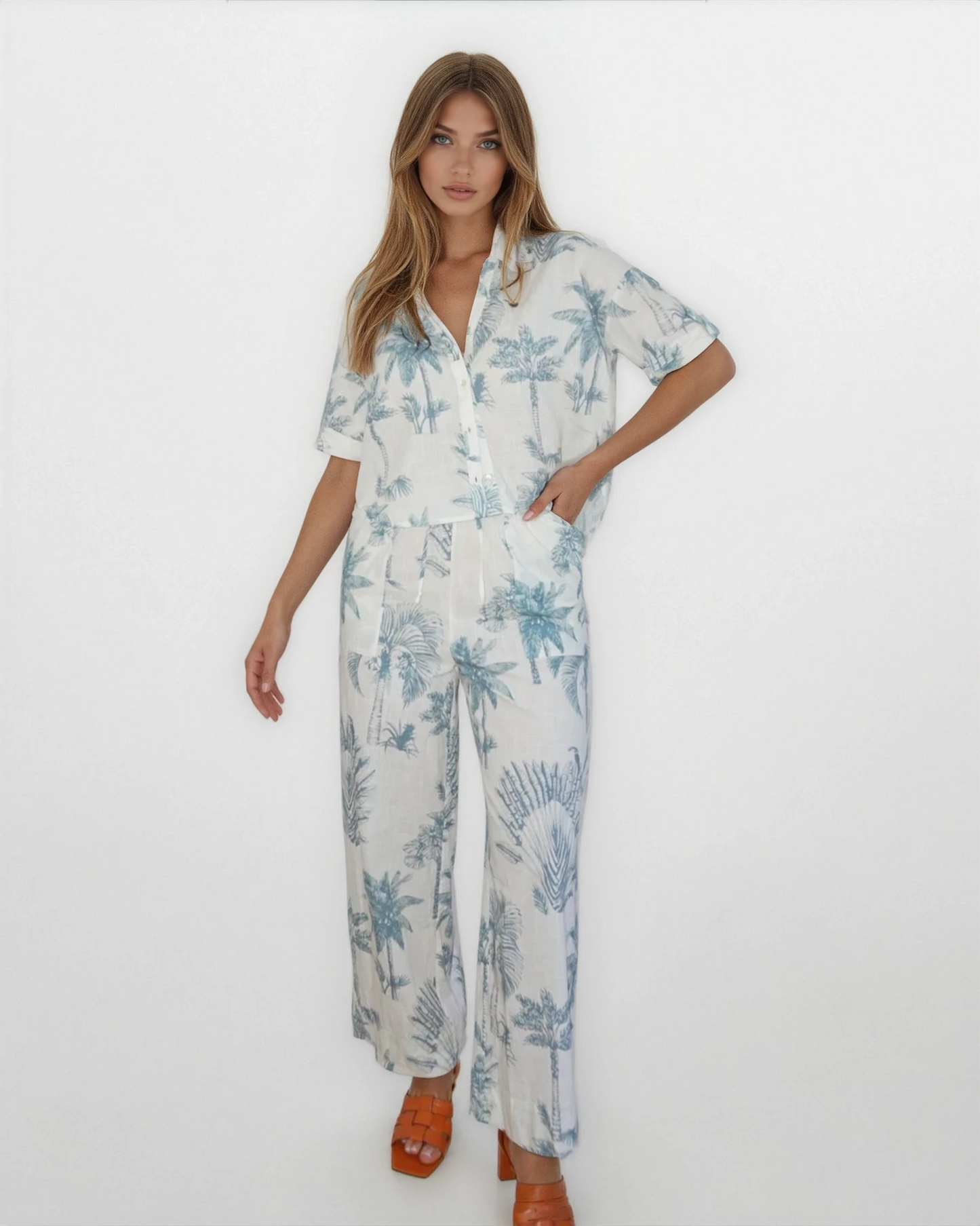 Brenna Pant in Faded Teal Palms