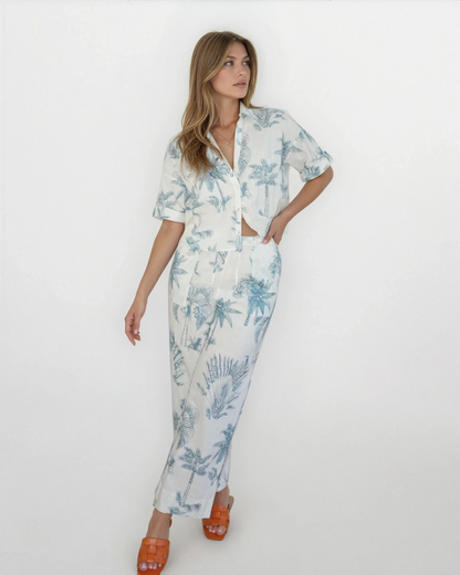 Cali Cropped Shirt in Faded Teal Palms