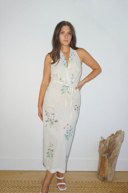 Annya Halter Dress in Cream Botanical