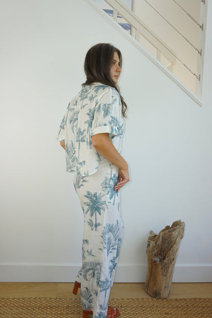 Brenna Pant in Faded Teal Palms