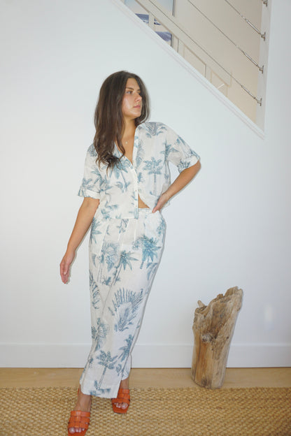 Brenna Pant in Faded Teal Palms