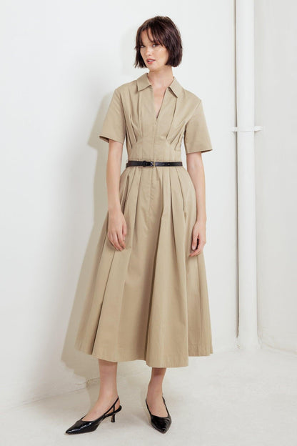 QUIET ROMANCE TAN WOVEN MIDI DRESS
