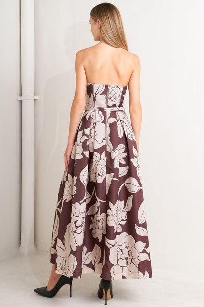 VINTAGE BLOOM STRAPLESS WOVEN MIDI DRESS