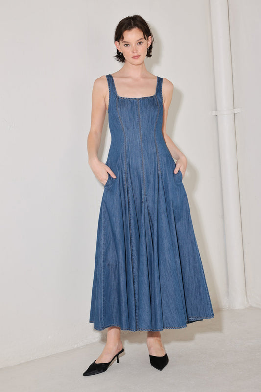 style envy denim dress Your favorite APNY denim dress is back for fall! We have Sizes S-XL. $114 It's styled here with silver heart earrings ($16), 18 8mm Navajo pearls ($225), and a bedazzled concho belt ($58)