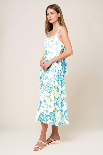 ON THE MOVE BLUE WOVEN MIDI DRESS