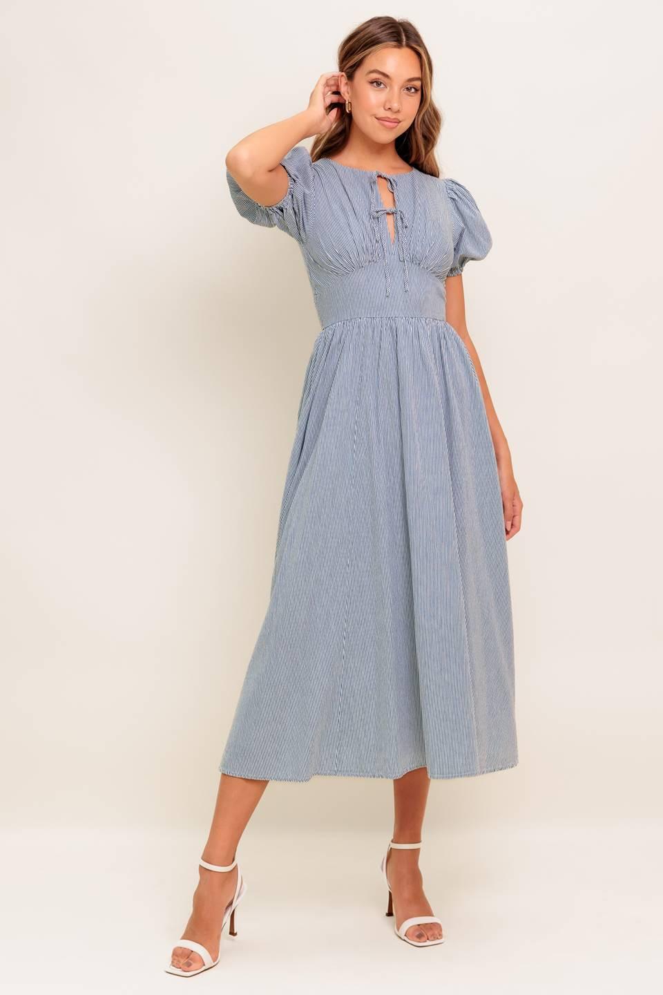 COZY GARDEN IVORY BLUE WOVEN MIDI DRESS