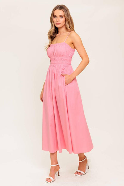 HONEY SUNSET PINK WOVEN MIDI DRESS