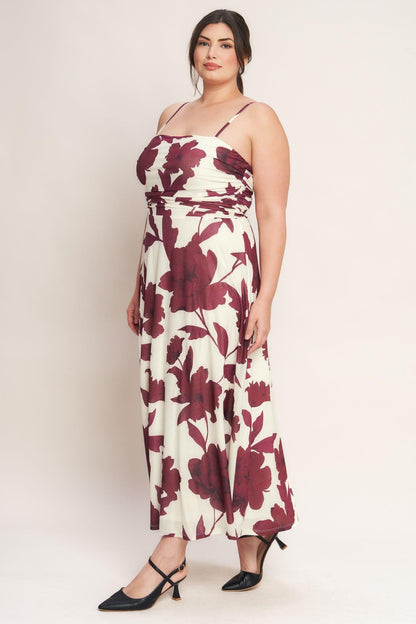 WINE BLOOM POWER MESH MIDI DRESS