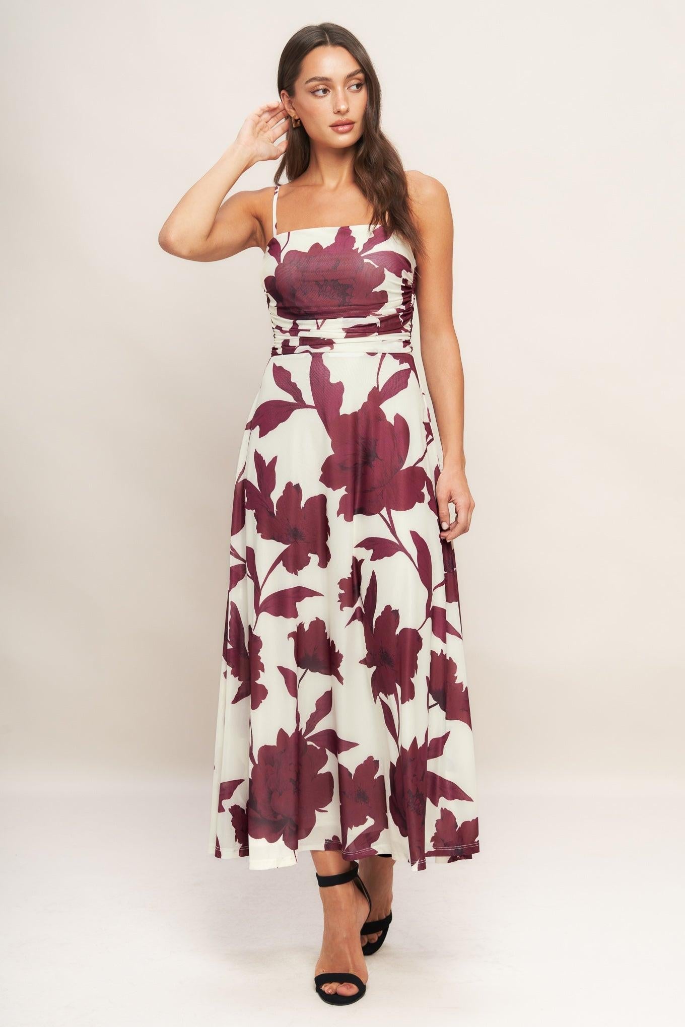 WINE BLOOM POWER MESH MIDI DRESS