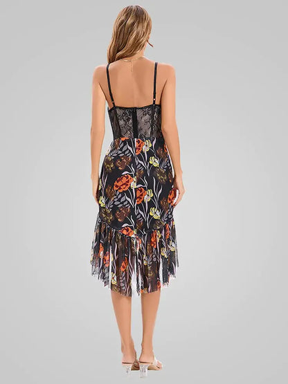 V-Neck Printed Ruffles Strap Midi Dress ENVY NYC