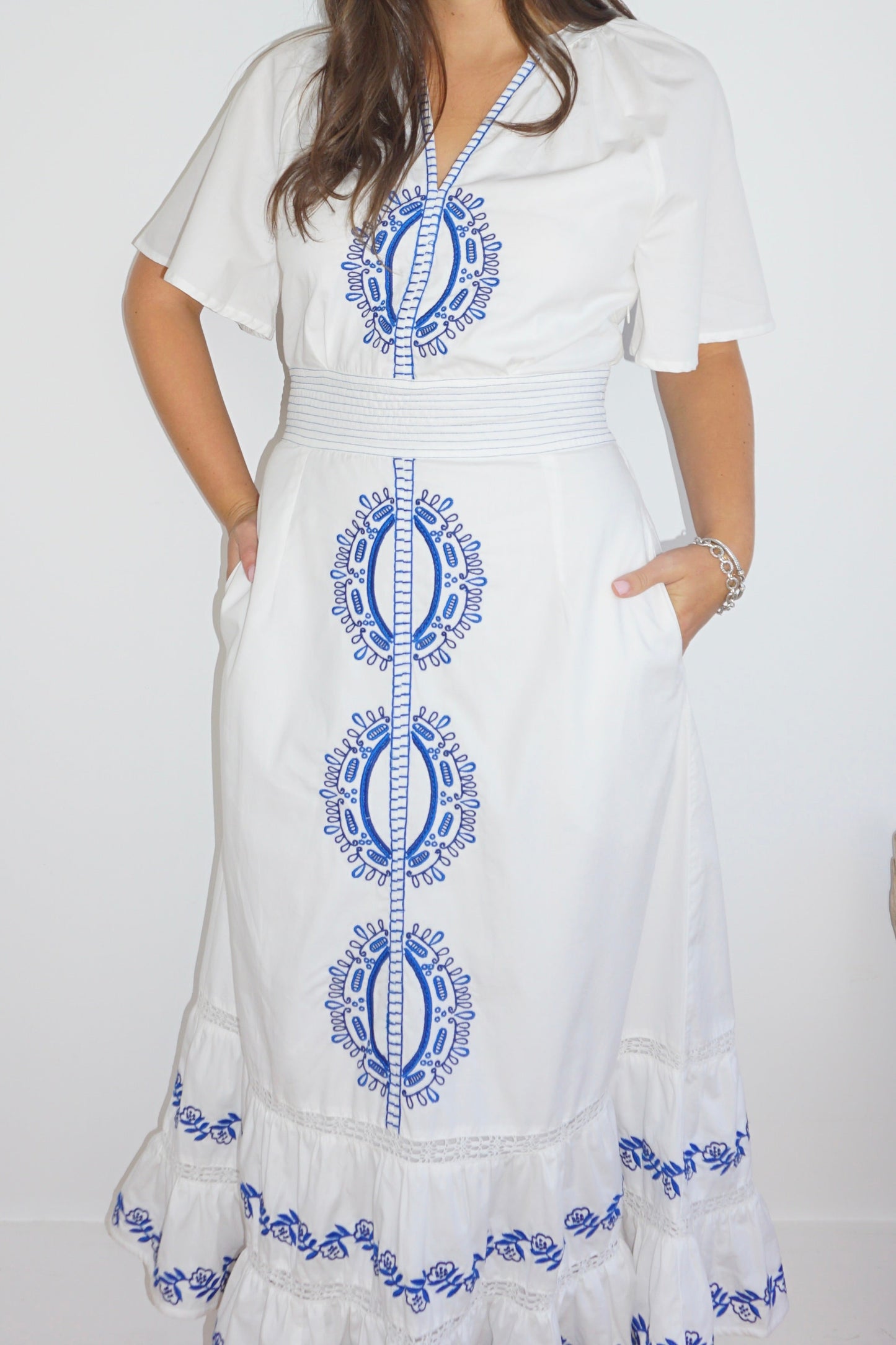 Oasis Maxi Dress in Blue/White Emb