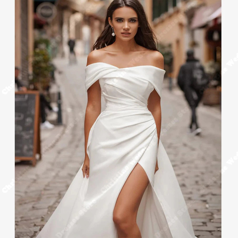 Boho Satin Off The Shoulder Wedding Dress