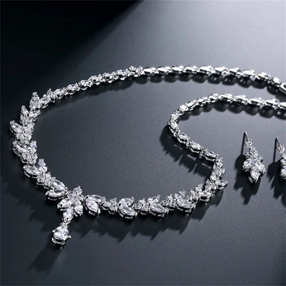 Marquise Cut Cubic Zircon Leaf Bridal Necklace & Earrings