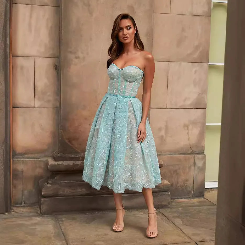 Holiday Padded Corset Midi Lace Dress