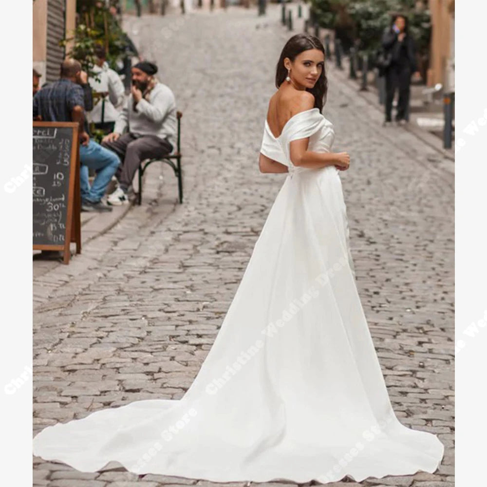 Boho Satin Off The Shoulder Wedding Dress
