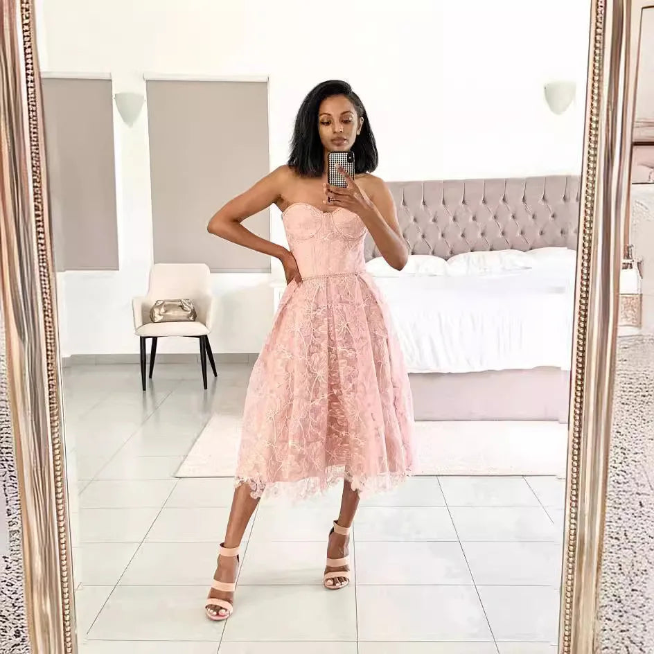 Holiday Padded Corset Midi Lace Dress