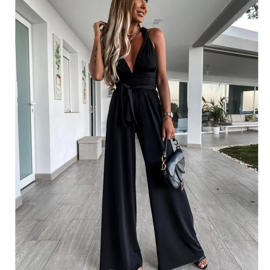 Women Elegant Leace-up V-neck Backless Sexy High Waist Wide Leg Bodysuit Romper Casual Fashion Solid Color Summer Jumpsuit Club