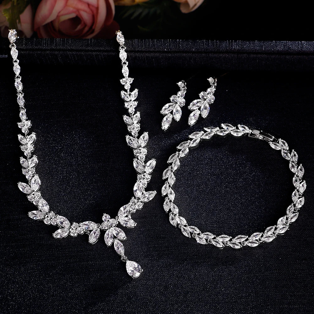 Brilliant Zirconia Leaf Necklace, Earrings & Bracelet Set