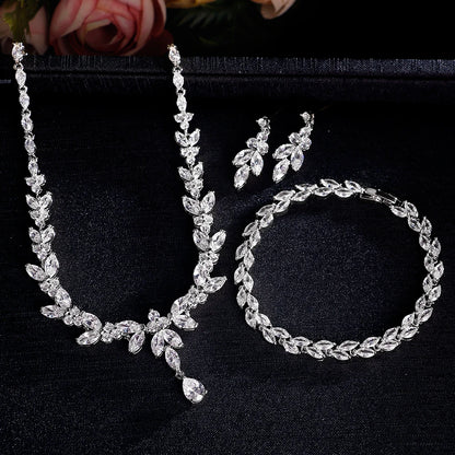 Brilliant Zirconia Leaf Necklace, Earrings & Bracelet Set