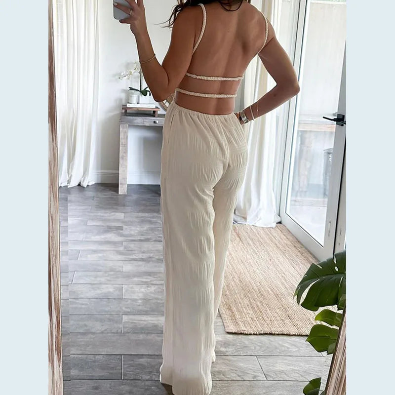 Resort Backless Textured Slim Jumpsuit