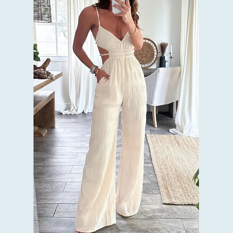 Resort Backless Textured Slim Jumpsuit
