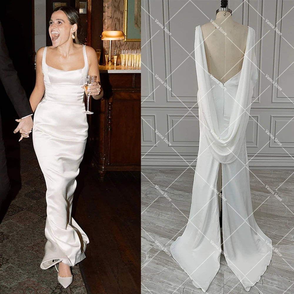 Belle Open Back Draped Satin Sheath Wedding Gown