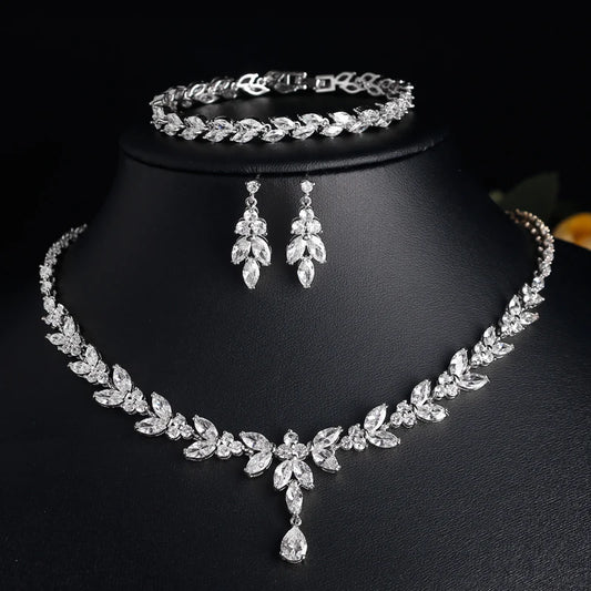 Brilliant Zirconia Leaf Necklace, Earrings & Bracelet Set