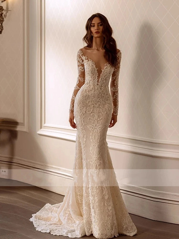 Mermaid Backless Bridal Gowns Lace Appliques & Long Sleeves