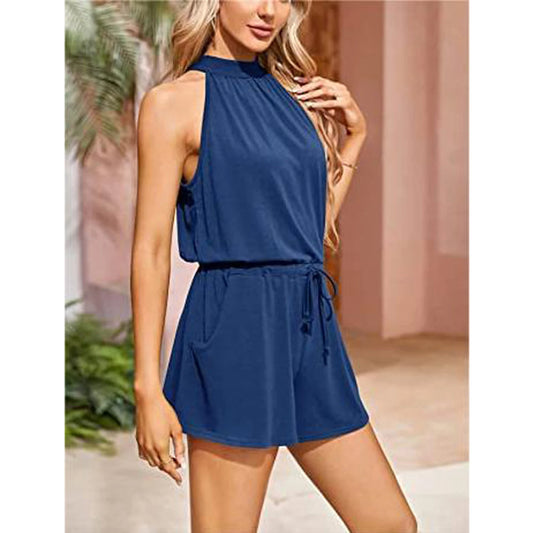 Women's Summer Halter Neck Elastic Waist Solid Color Shorts Jumpsuit Rompers with Pockets