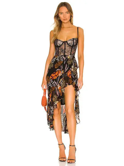 V-Neck Printed Ruffles Strap Midi Dress ENVY NYC