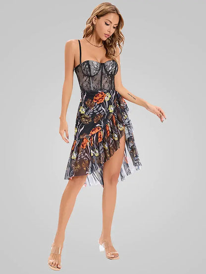 V-Neck Printed Ruffles Strap Midi Dress ENVY NYC